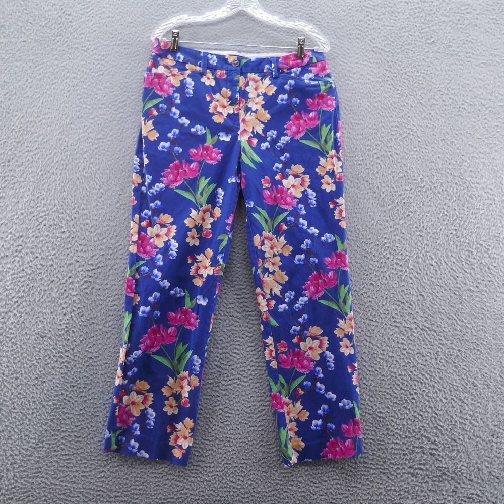 Lands End Womens 8T Blue Floral Straight Leg Mid Rise Stretch Pants Tall